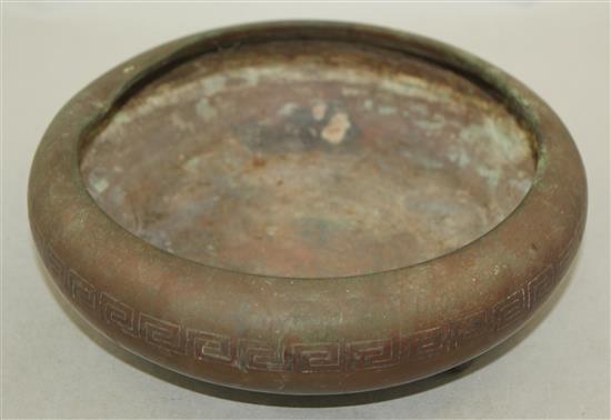 A Chinese bronze and silver inlaid tripod censer, Ding, 19th century, 18cm, rim dent